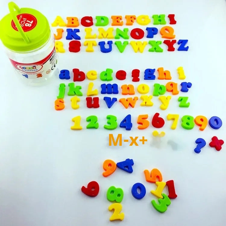 Early education magnetic plastic stickers set of 78 pieces in HM1151 colour with English alphabet and digital Pinyin characters on a whiteboard