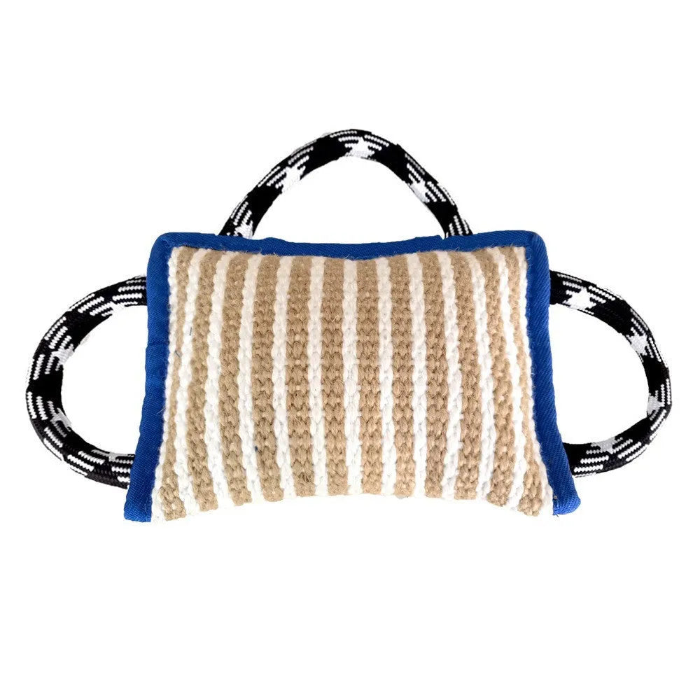 Jute dog tug toy with three rope handles and a central bite pillow for interactive play.