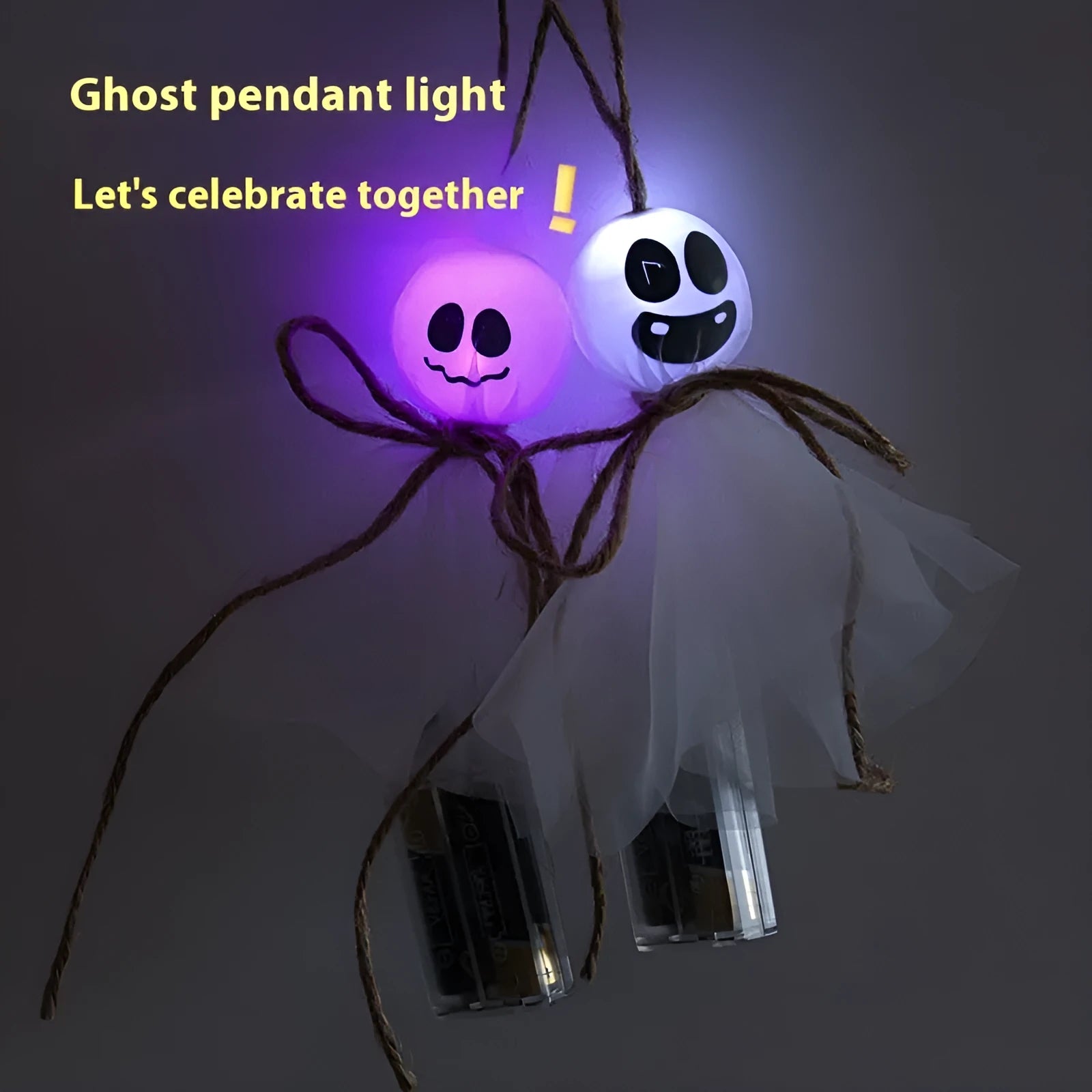 Halloween ghost LED lighting chain with PVC shell and battery box showing coloured ghost designs