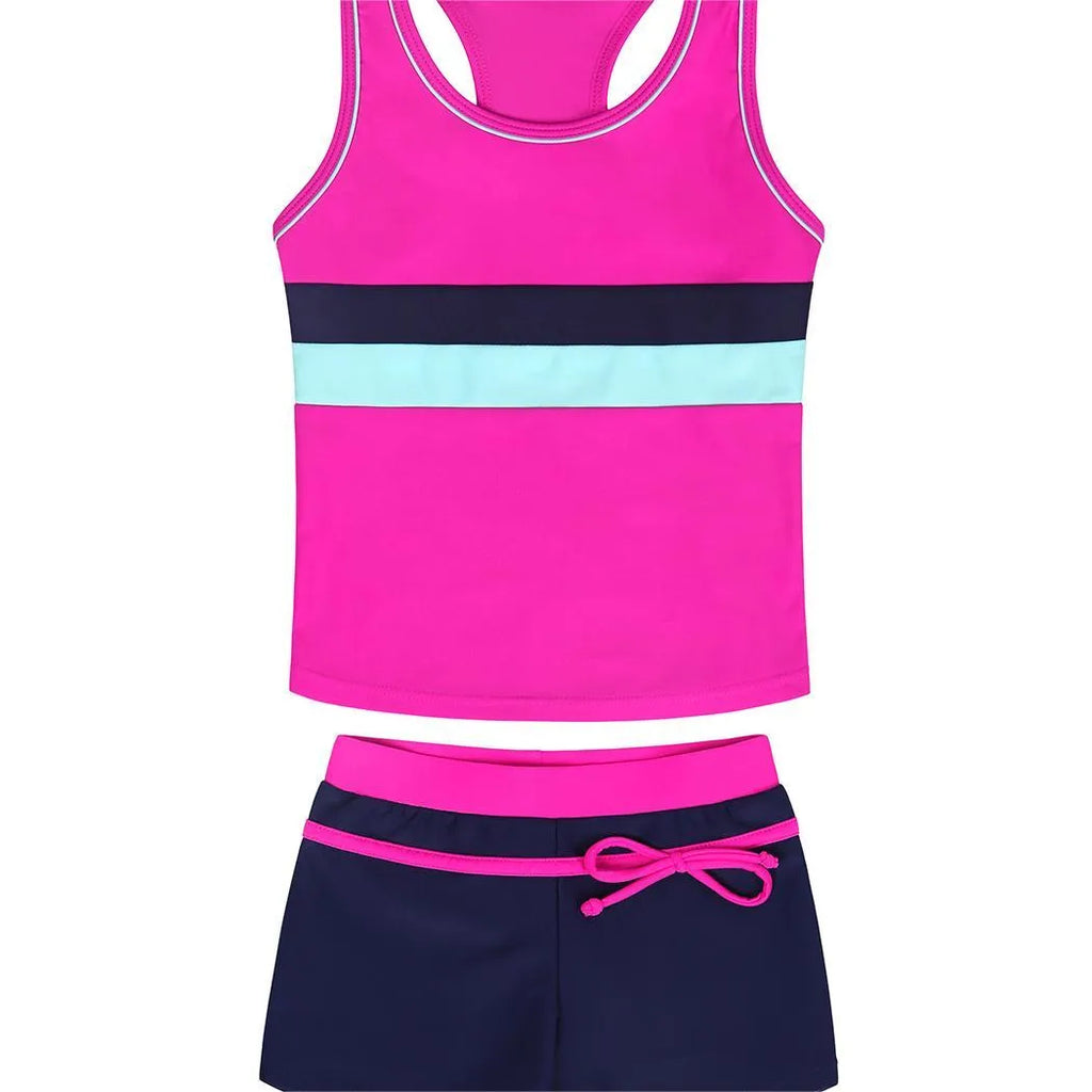 Girls' blue two-piece swimsuit set with chest pad top and boxer shorts, laid flat
