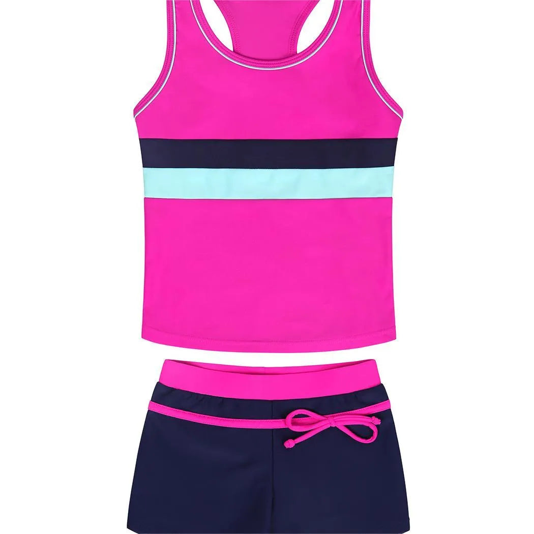 Girls' blue two-piece swimsuit set with chest pad top and boxer shorts, laid flat