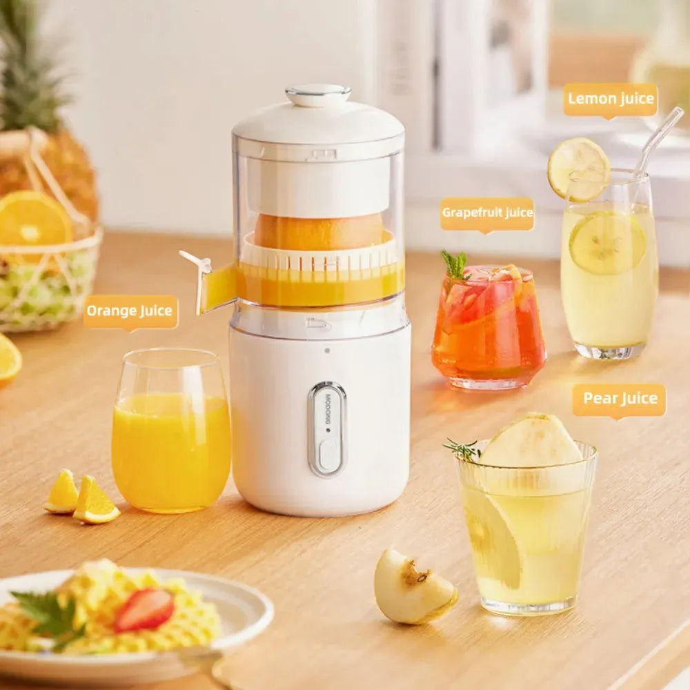 Green portable electric fruit juicer with USB-C charging and automatic pressing mechanism