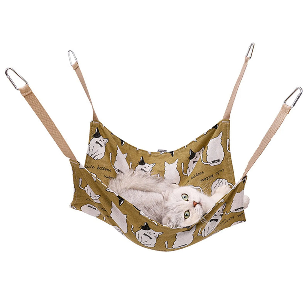 Yellow multicolour cotton linen cat hammock bed with hanging hook, measuring 47cm square.