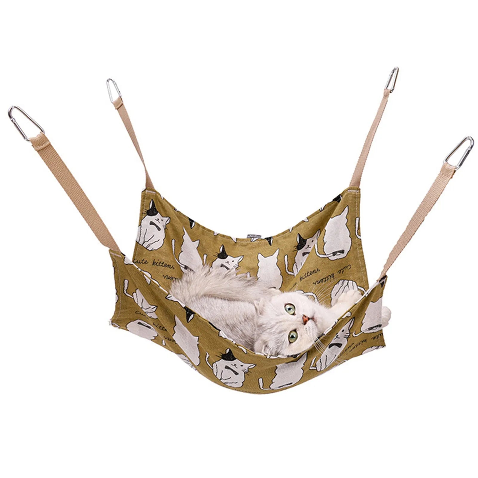 Yellow multicolour cotton linen cat hammock bed with hanging hook, measuring 47cm square.