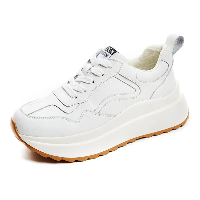 Beige women's cowhide leather casual shoes with low-top design and English muffin heel.