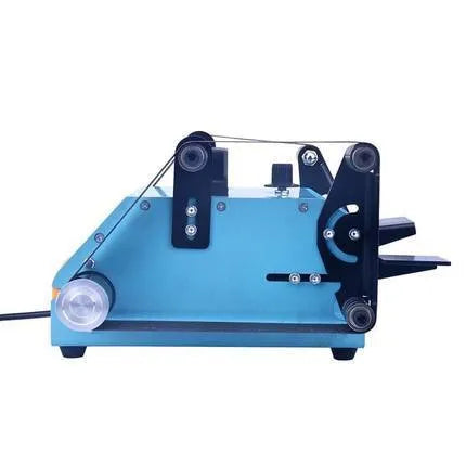 Blue desktop dual-head belt sander with variable speed dial on a workbench.