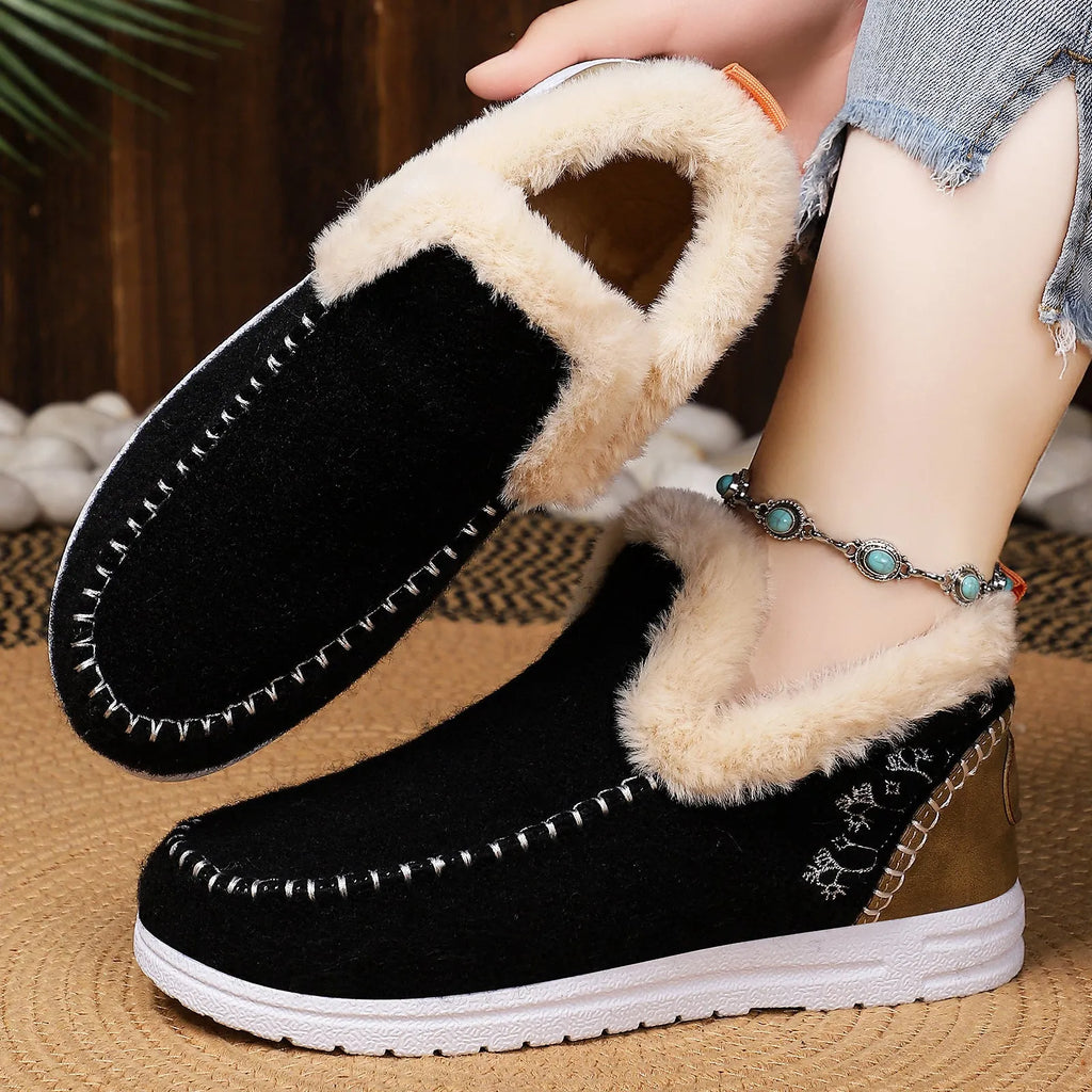 Cold-proof women's cotton boots, flat heel, round toe, available in black, blue, brown, grey, apricot, and rose red.