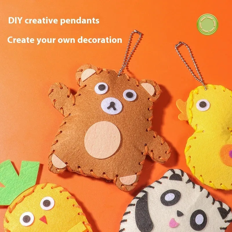 Children's non-woven cloth sewing kit with animal six models, needle, thread, and silver beads in a colour box