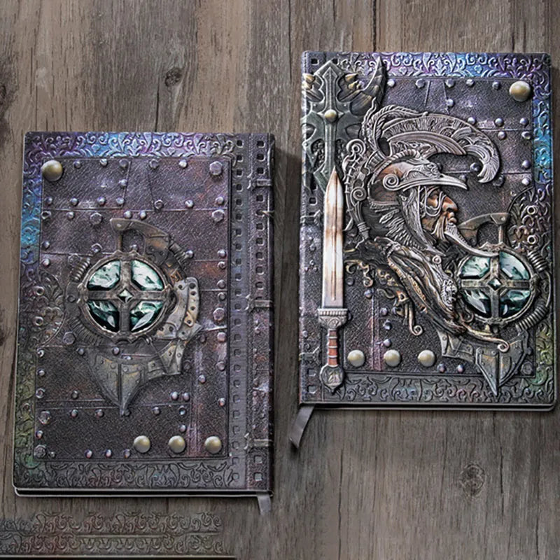 Creative retro A5 leather notebook with embossed 3D warriors relief design, shown open.