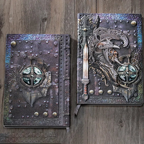 Creative retro A5 leather notebook with embossed 3D warriors relief design, shown open.