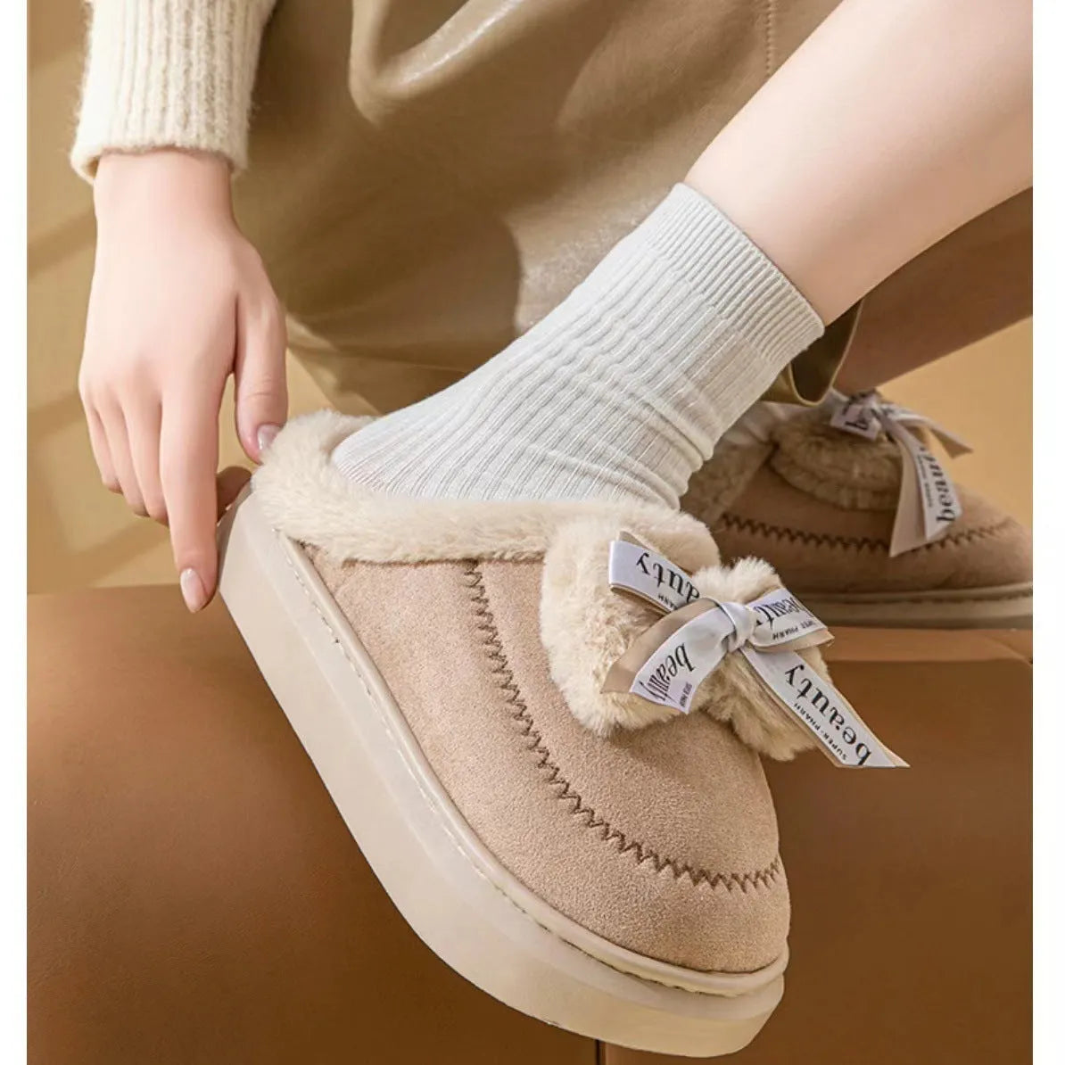 Women's beige cotton half slippers with ribbon bow design and thick EVA sole