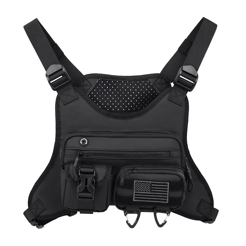 Outdoor sports chest bag with breathable vest design in Oxford cloth available in black, blue, and grey colours