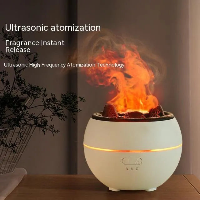 White crack-style flame aroma diffuser on a desk with mist and timer buttons visible