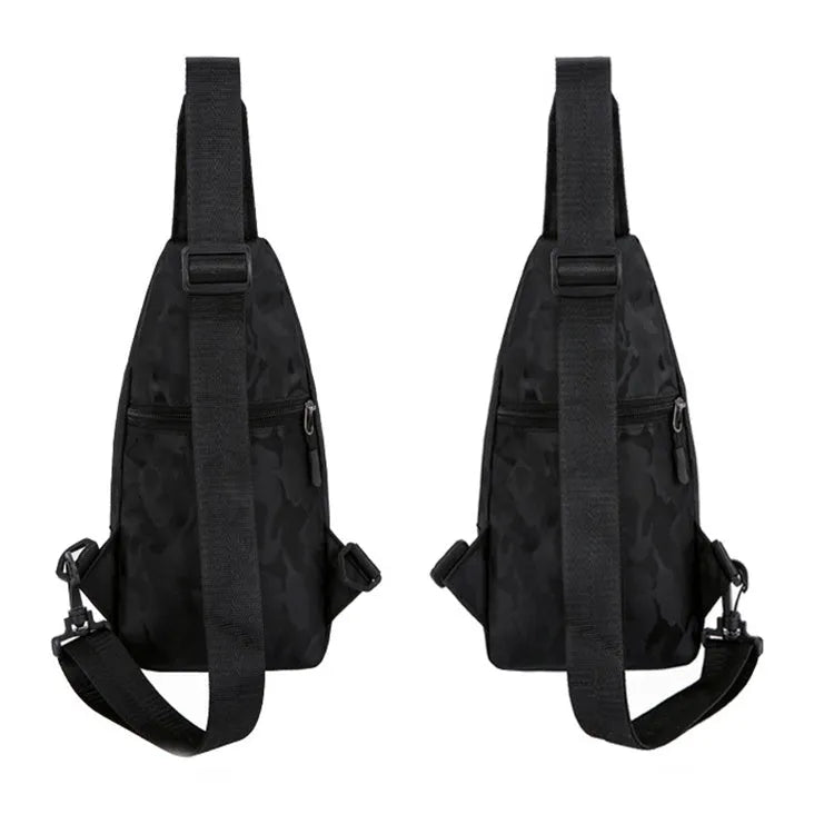 Men's camouflage crossbody chest bag with headphone hole in Camo Black