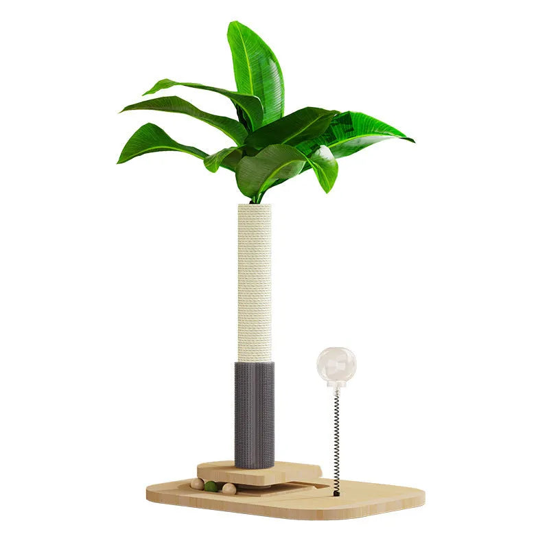 Natural canna coloured wooden cat scratching post with sisal rope and a dangling white ball toy on a grey carpet