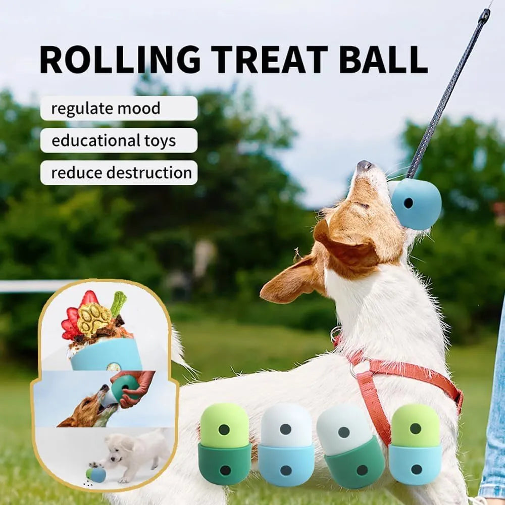 White and blue food-grade silicone dog treat puzzle ball for interactive chase play.