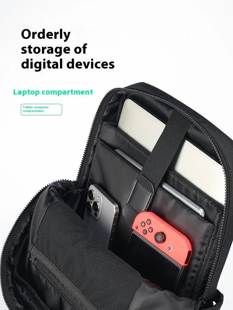 Black Oxford cloth computer backpack showing front view and storage compartments.