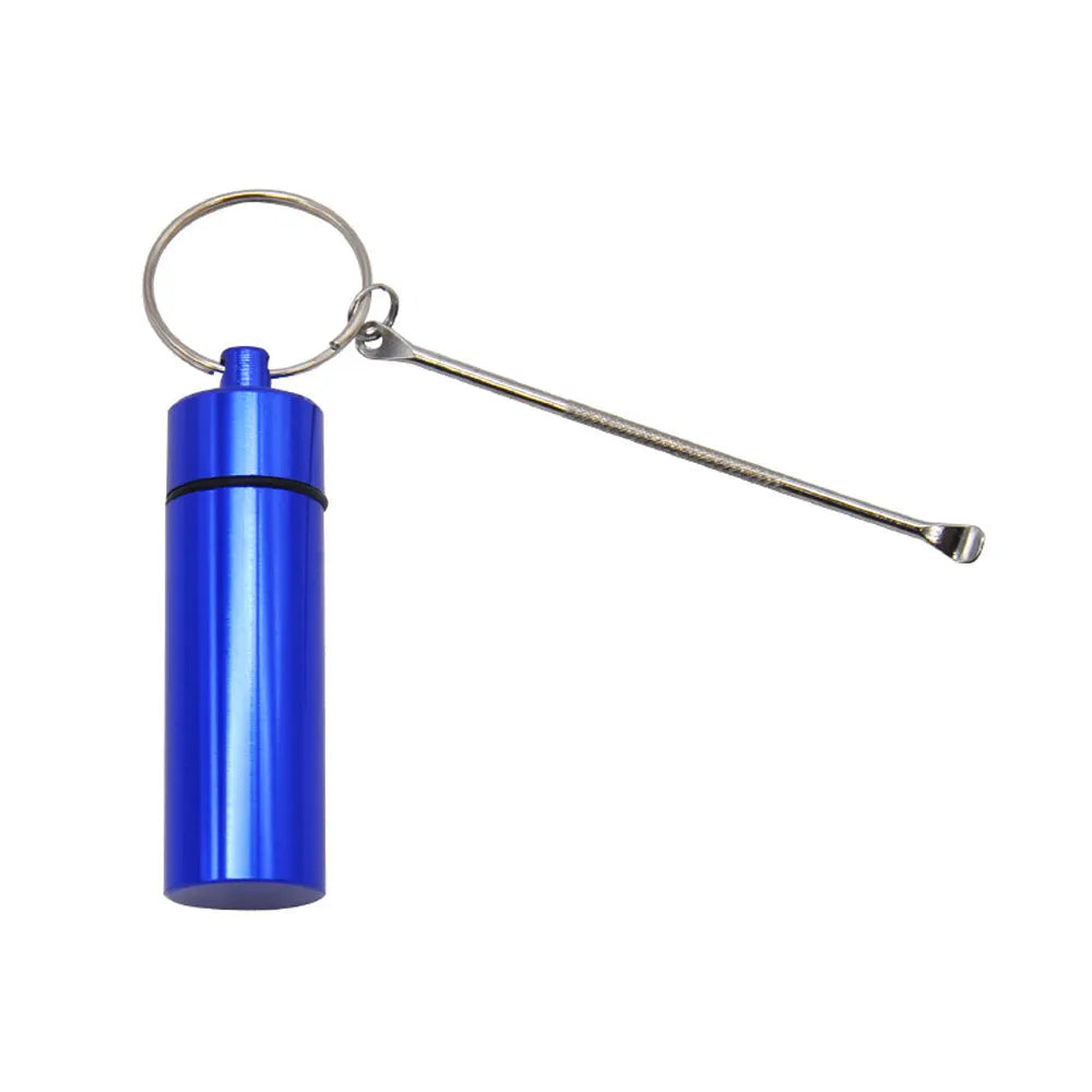Aluminium pill storage bottle with built-in measuring spoon and keychain attachment in multiple colour options
