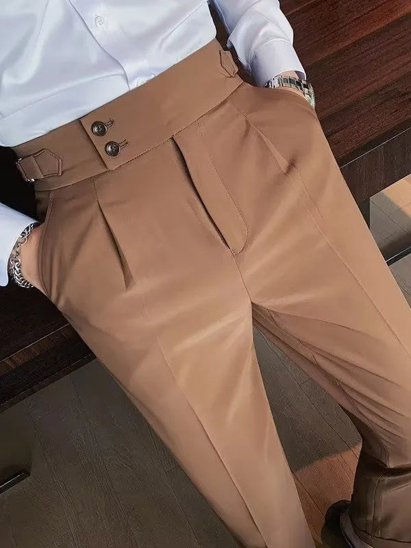 Women's retro high waist straight leg casual trousers in a cotton blend fabric, shown in a solid colour.