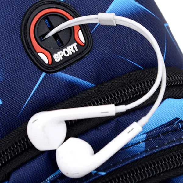 Men's blue print sling chest bag with a visible earphone hole and a single adjustable strap.