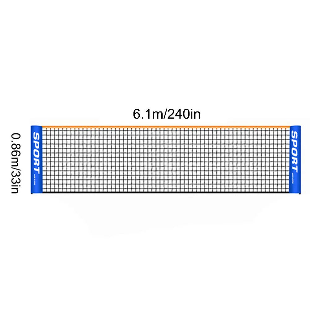 Portable folding badminton bracket support frame and net in four available sizes.