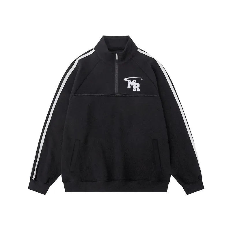 Black American retro style polyester couple's sports hoodie with stand collar and long sleeves.