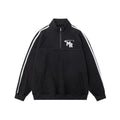 Black American retro style polyester couple's sports hoodie with stand collar and long sleeves.