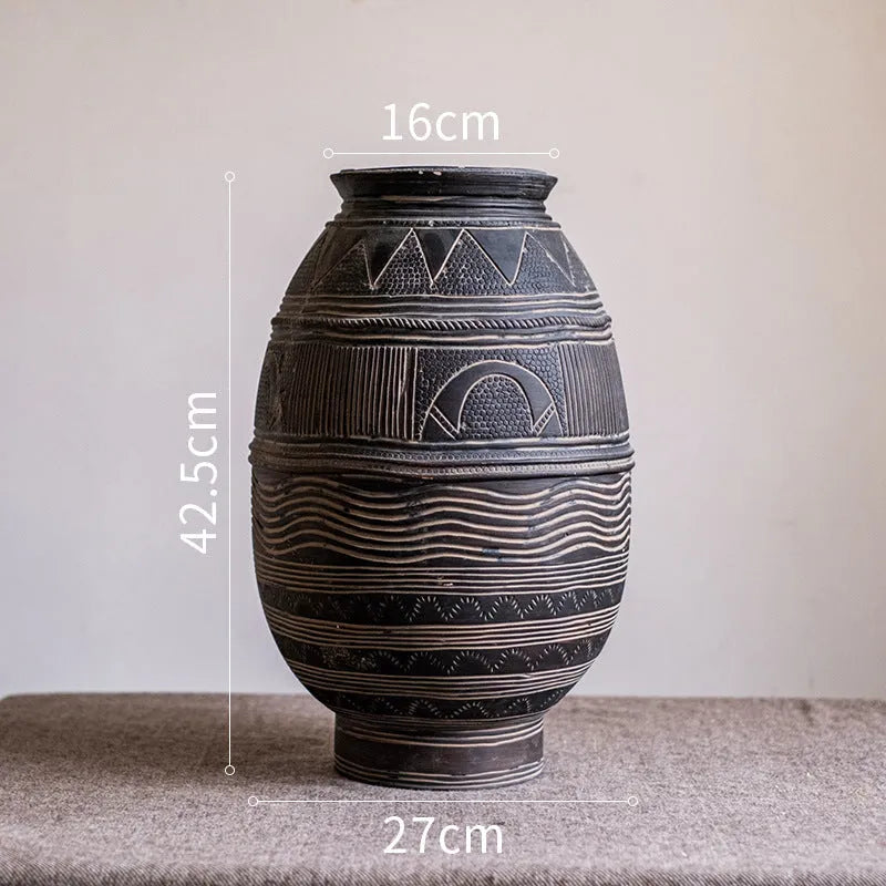 Medium cement flower pot with African ancient pot design and bottom drainage holes