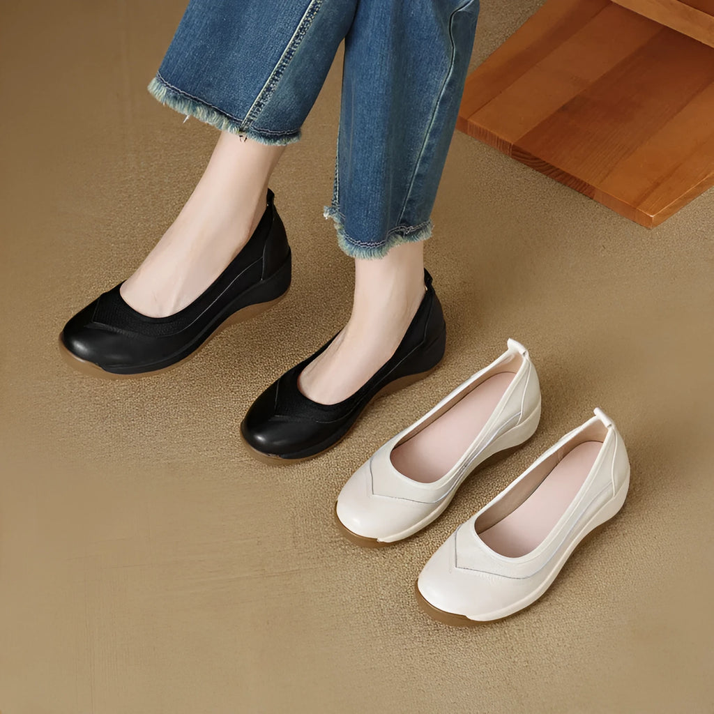 Women's high heel leather slip-on pumps thick platform round head solid colour cowhide beige