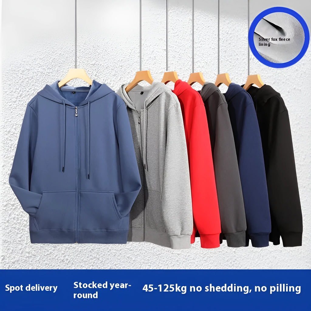 Men's heavyweight hooded cardigan sweater with full zip front in charcoal grey colour