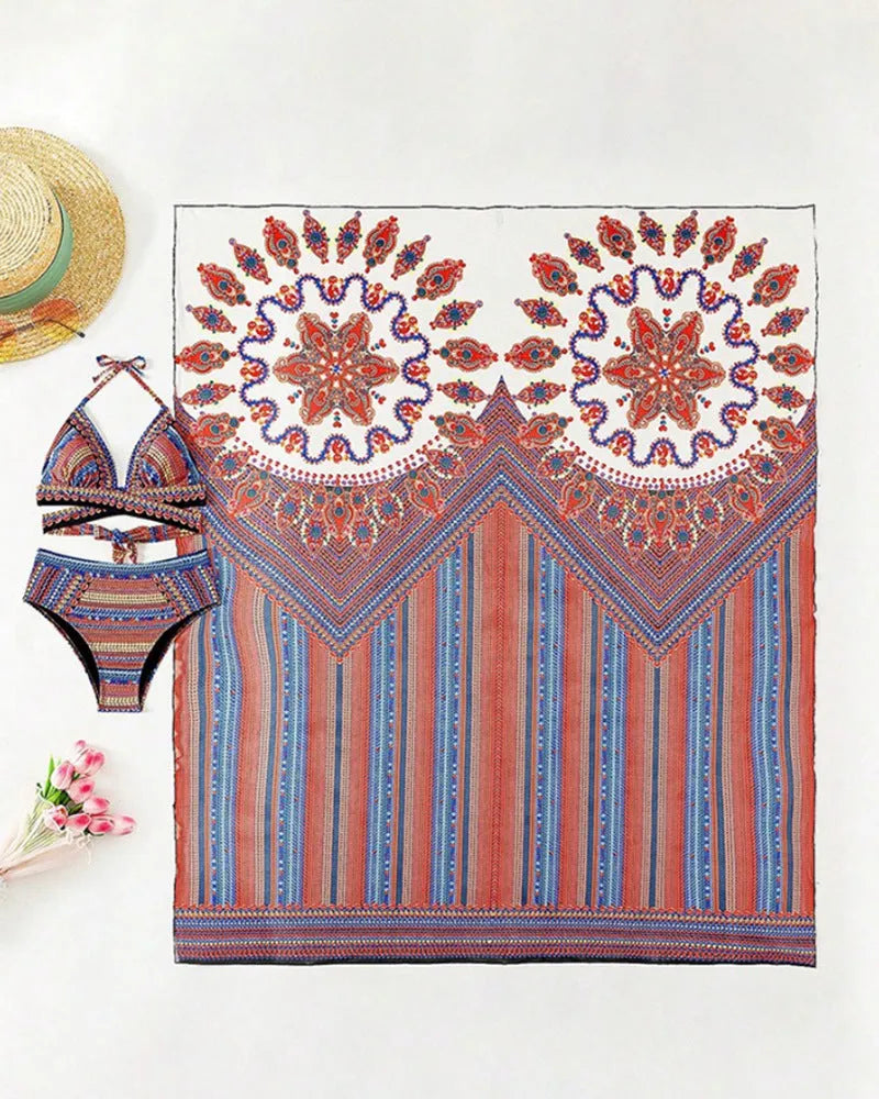 Women's three-piece swimsuit set showing high-waisted briefs, a sleeveless cutout blouse top, and a matching long coat.