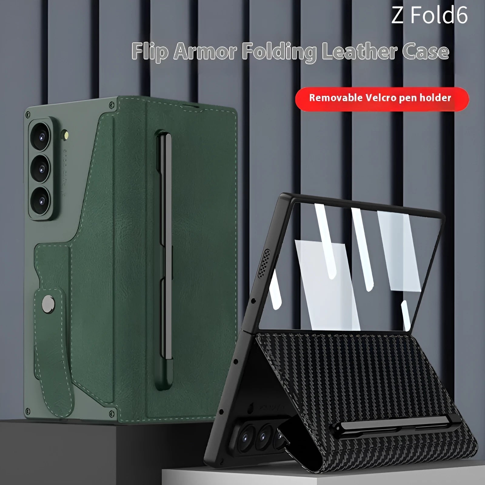 Galaxy Z Fold 6 PC phone case in black carbon fibre pattern showing back cover with hinge cutout