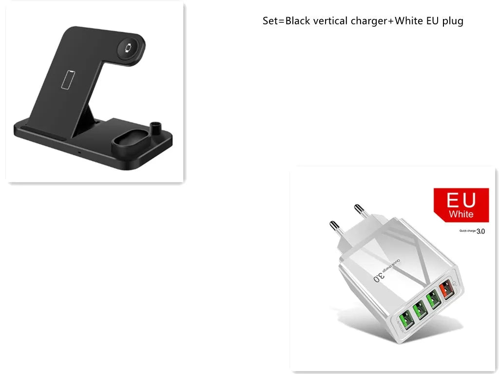 Black 4-in-1 wireless charging dock showing phone on adjustable stand, Apple Watch, AirPods, and Apple Pencil charging simultaneously.