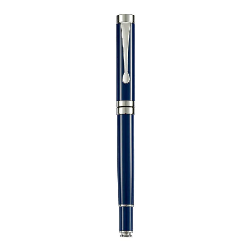 Metal fountain pen with F 0.5mm nib in black body with gold clip, showing 140mm length