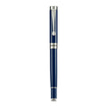 Metal fountain pen with F 0.5mm nib in black body with gold clip, showing 140mm length