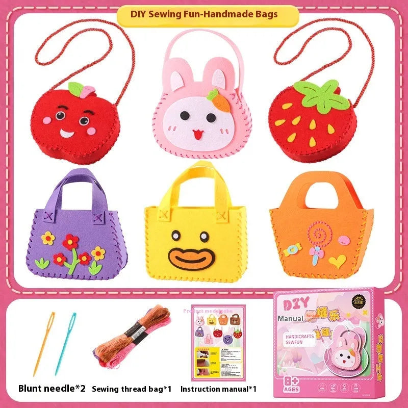 Children's non-woven cloth sewing kit with animal six models, needle, thread, and silver beads in a colour box