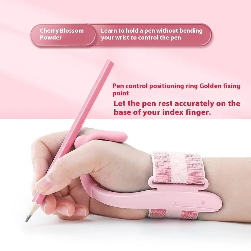 Blue anti-hook pen control corrector wrist brace on a child's hand holding a pencil.