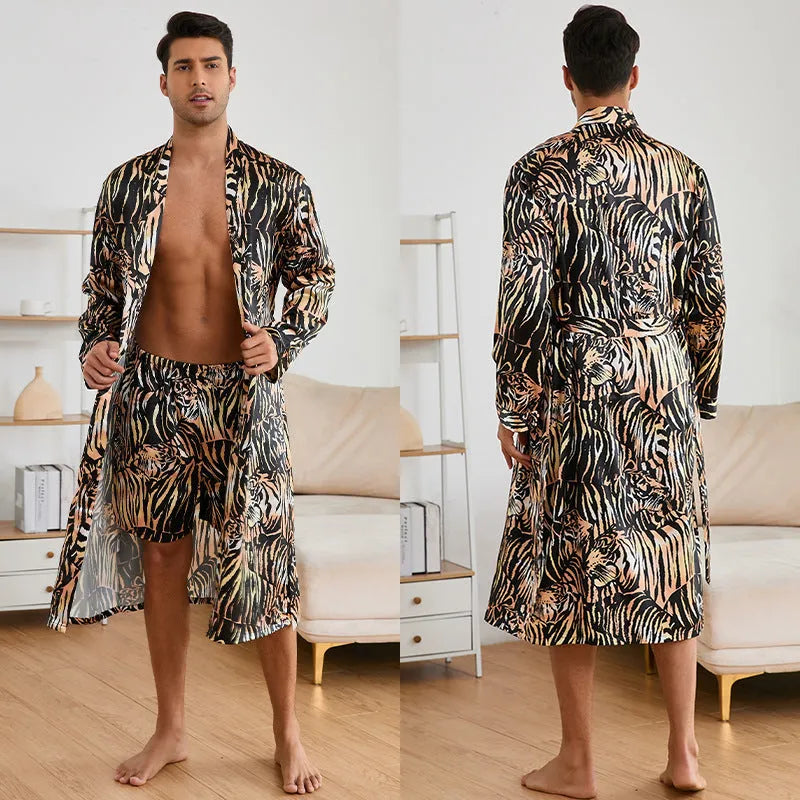 Men's tiger pattern bathrobe set with ultra-thin rayon fabric and shorts