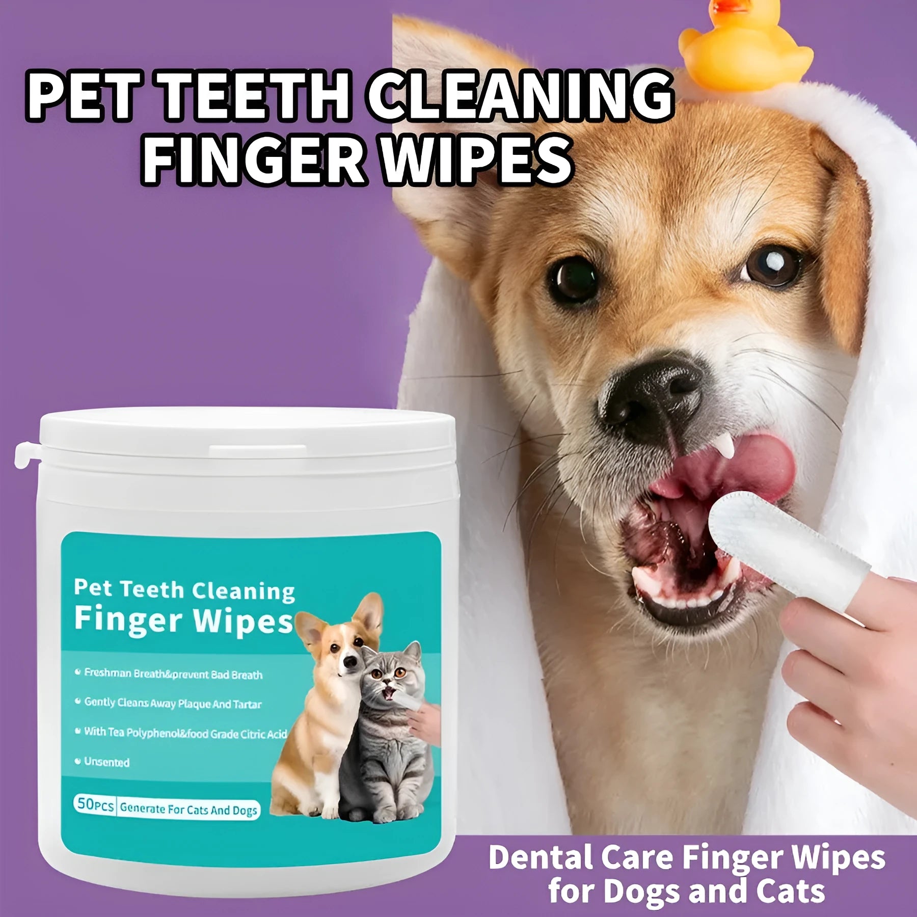 Disposable pet cleaning wipes for cat and dog ear and dental care in 50-piece packs