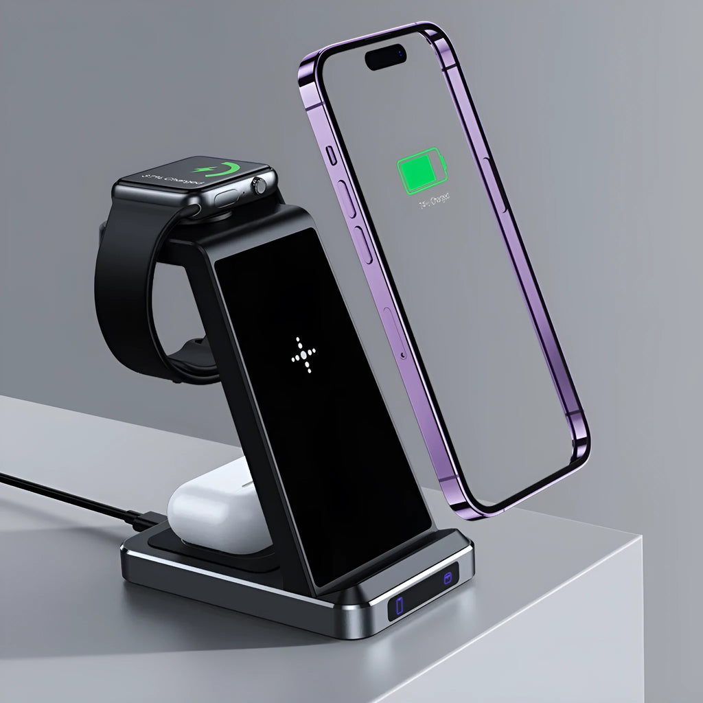 Black three-in-one wireless charger with phone watch and earbuds on charging pad