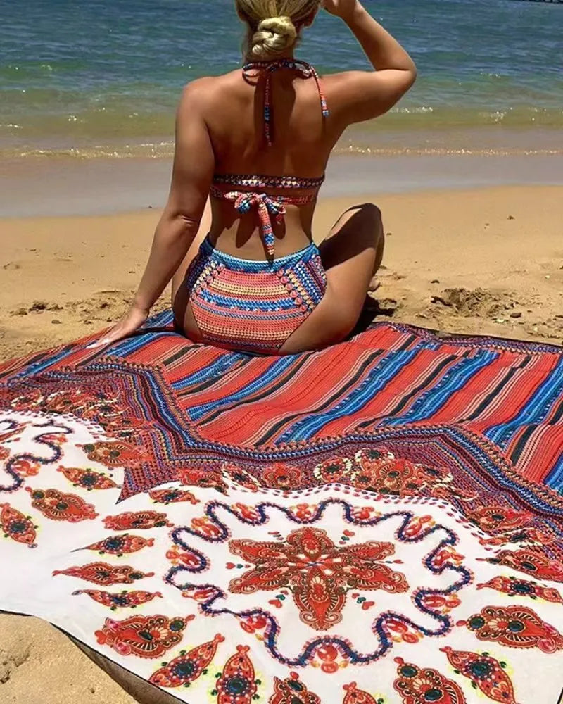 Women's three-piece split swimsuit set with high-waist briefs, cutout blouse, and a long cover-up coat.
