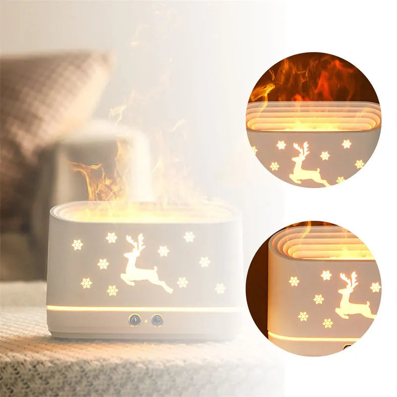 White round Elk flame effect humidifier diffuser with night light on a table.
