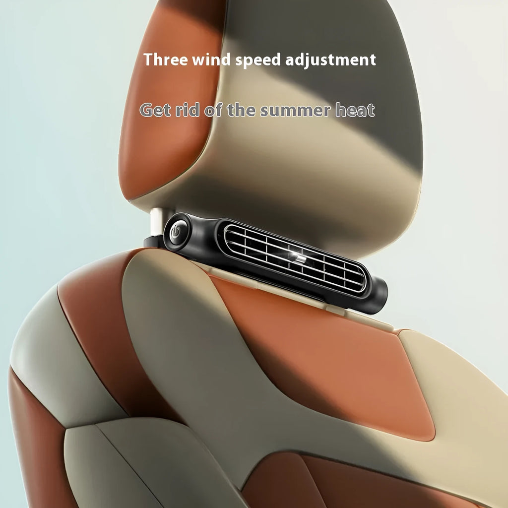Creative New bladeless car fan with velcro strap mounted on a car seat headrest, showing USB cable.