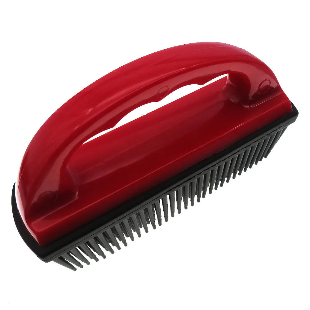 Red pet hair removal brush for bath massage and carpet cleaning, dimensions 160mm by 85mm