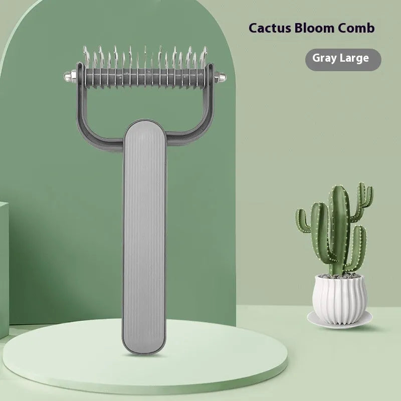 Green and grey dog de-matting combs in large and small sizes on a white background.