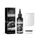 Car glass repair kit with 50ml resin bottle, metal blade, and cured films on a workbench