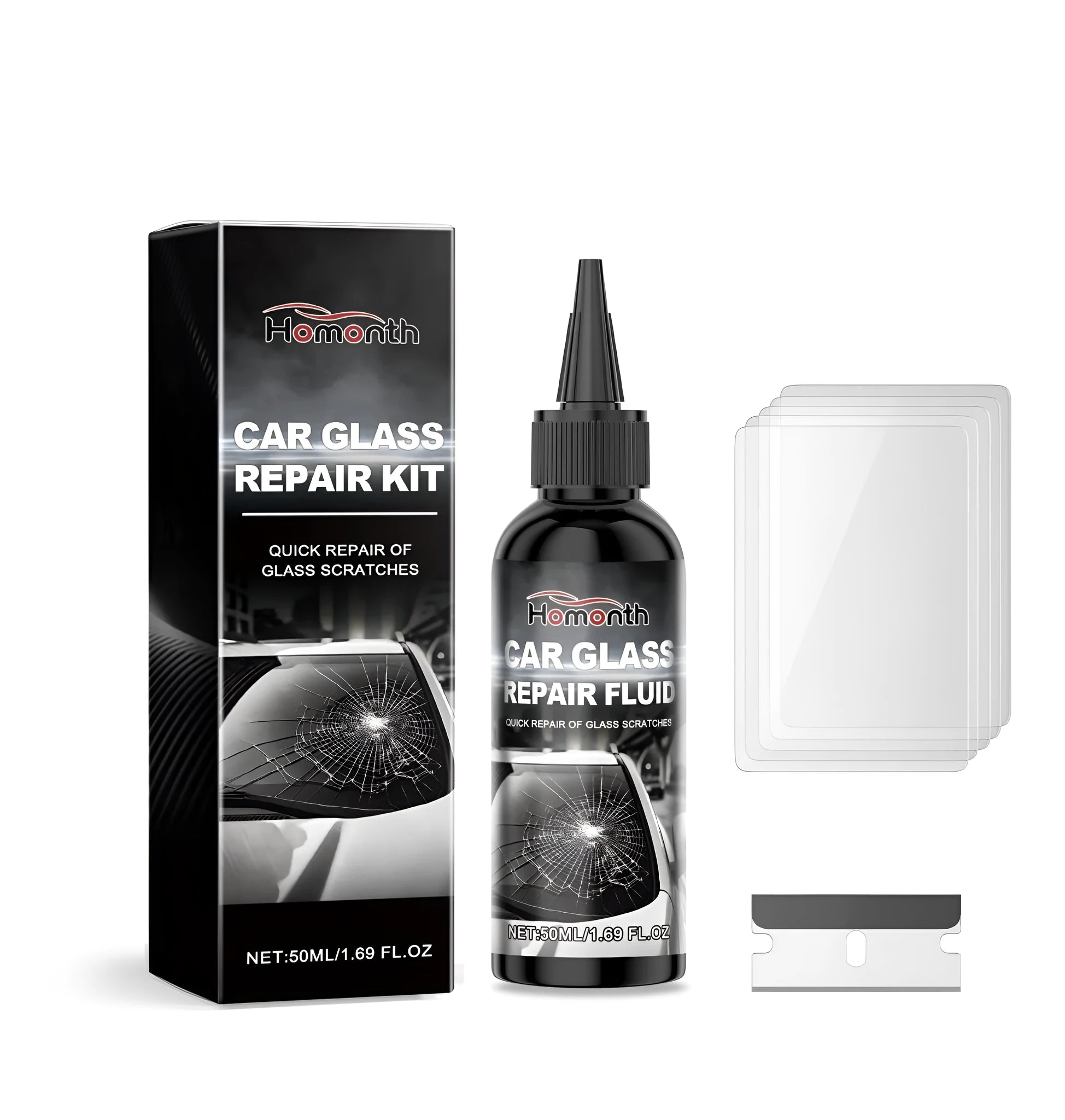 Car glass repair kit with 50ml resin bottle, metal blade, and cured films on a workbench