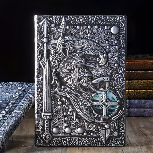 Creative retro A5 leather notebook with embossed 3D warriors relief design, shown open.