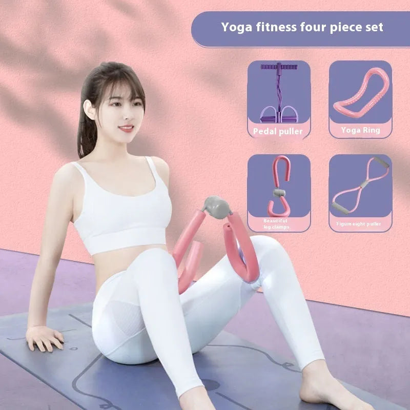 Yoga four-piece set with leg stretching device, yoga ring, pedal puller, and figure-eight tension rope on a grey background.