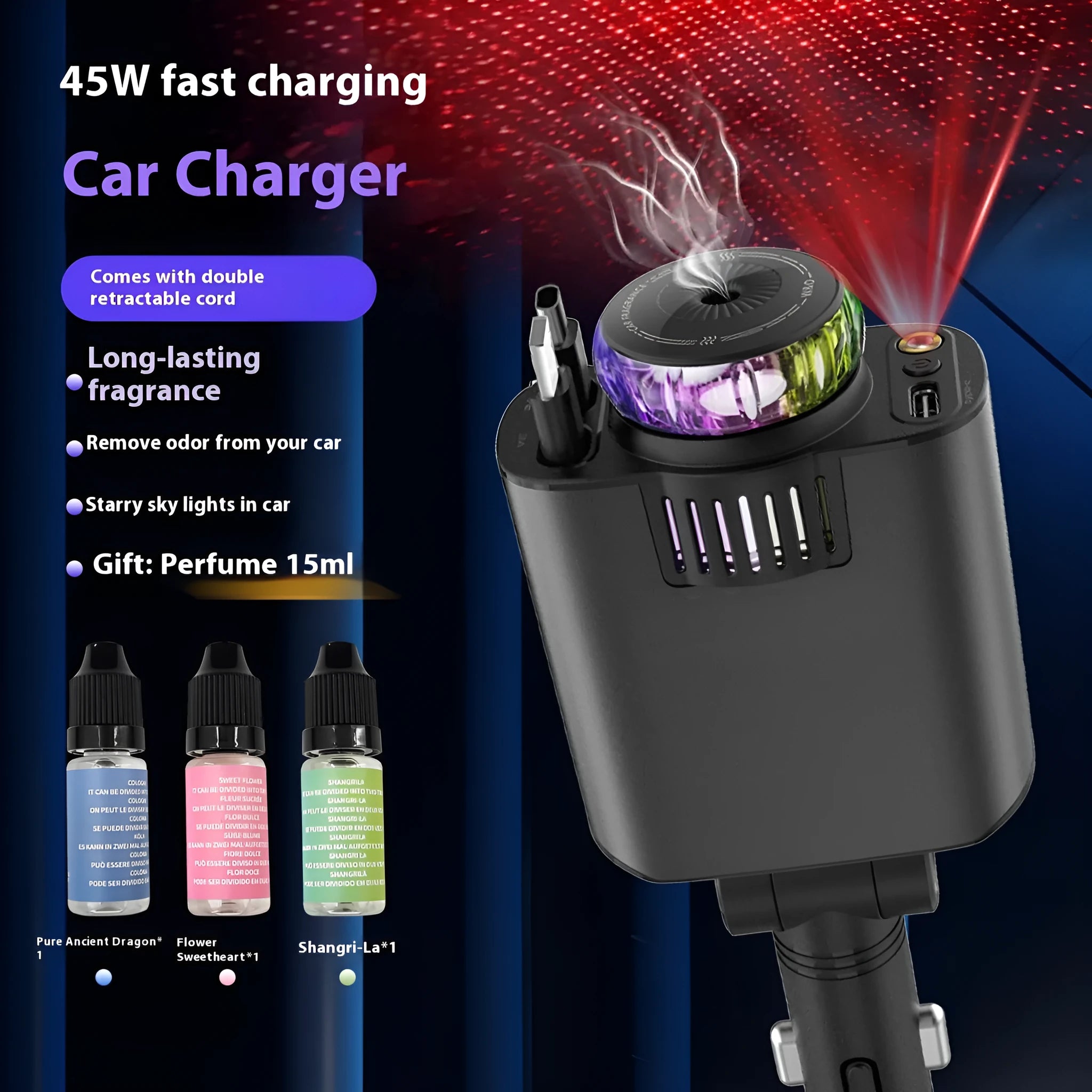 120W fast charge car charger with Starry Sky light, dual Type-C ports, and aromatherapy spray kit